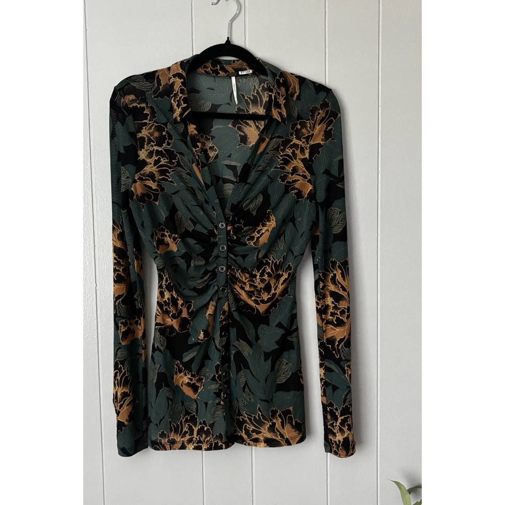 Free People Mesh Floral Ruched Button Front Top Size M Y2K Fairy Grunge 0294